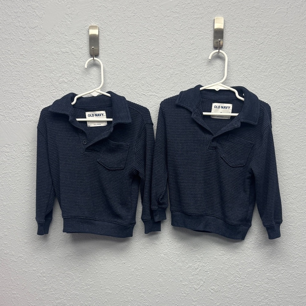 Old Navy Kids 2T+3T Coord Set of Waffled Dark Blue Polo LS Shirts w Pocket. GUC